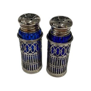 Vintage FB Rogers Cobalt Glass and Silver Filigree Salt and Pepper Shakers.